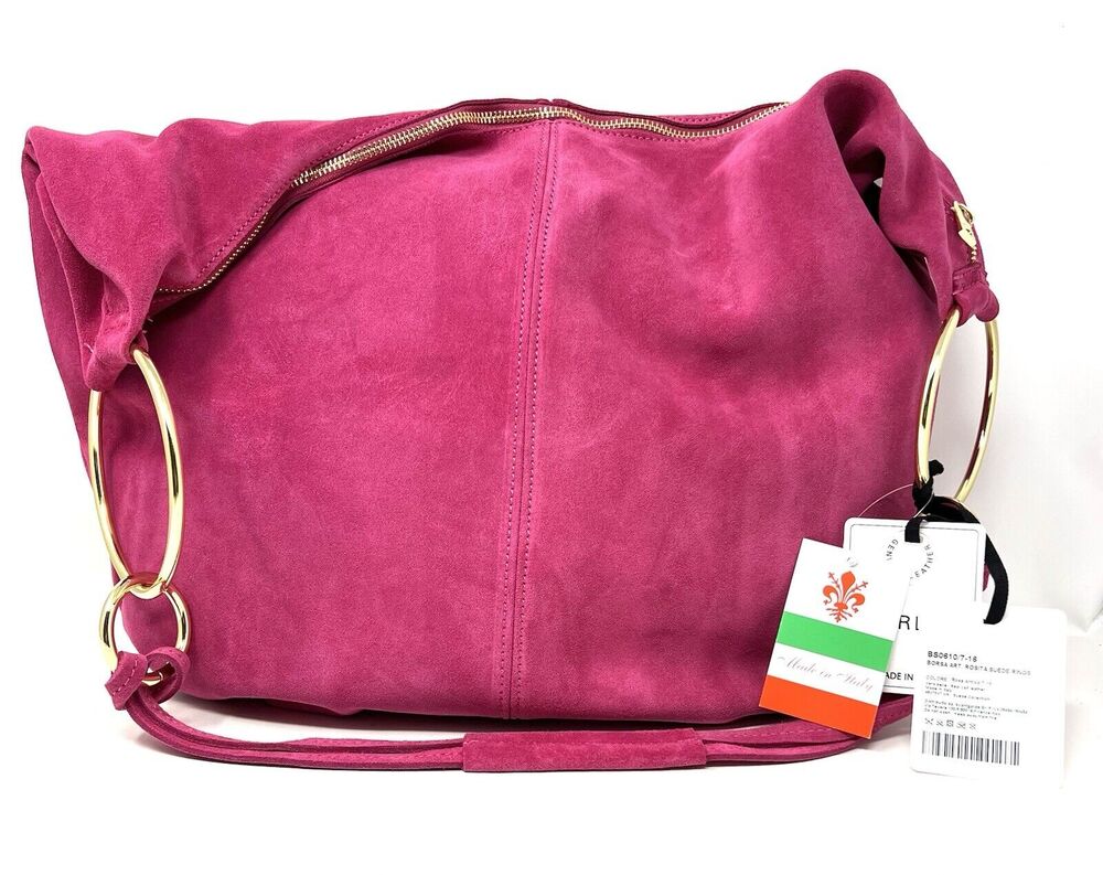 Marlon Suede Slouchy Hobo Shoulder Bag XL Xbody HOT PINK GOLD RINGS X-LARGE